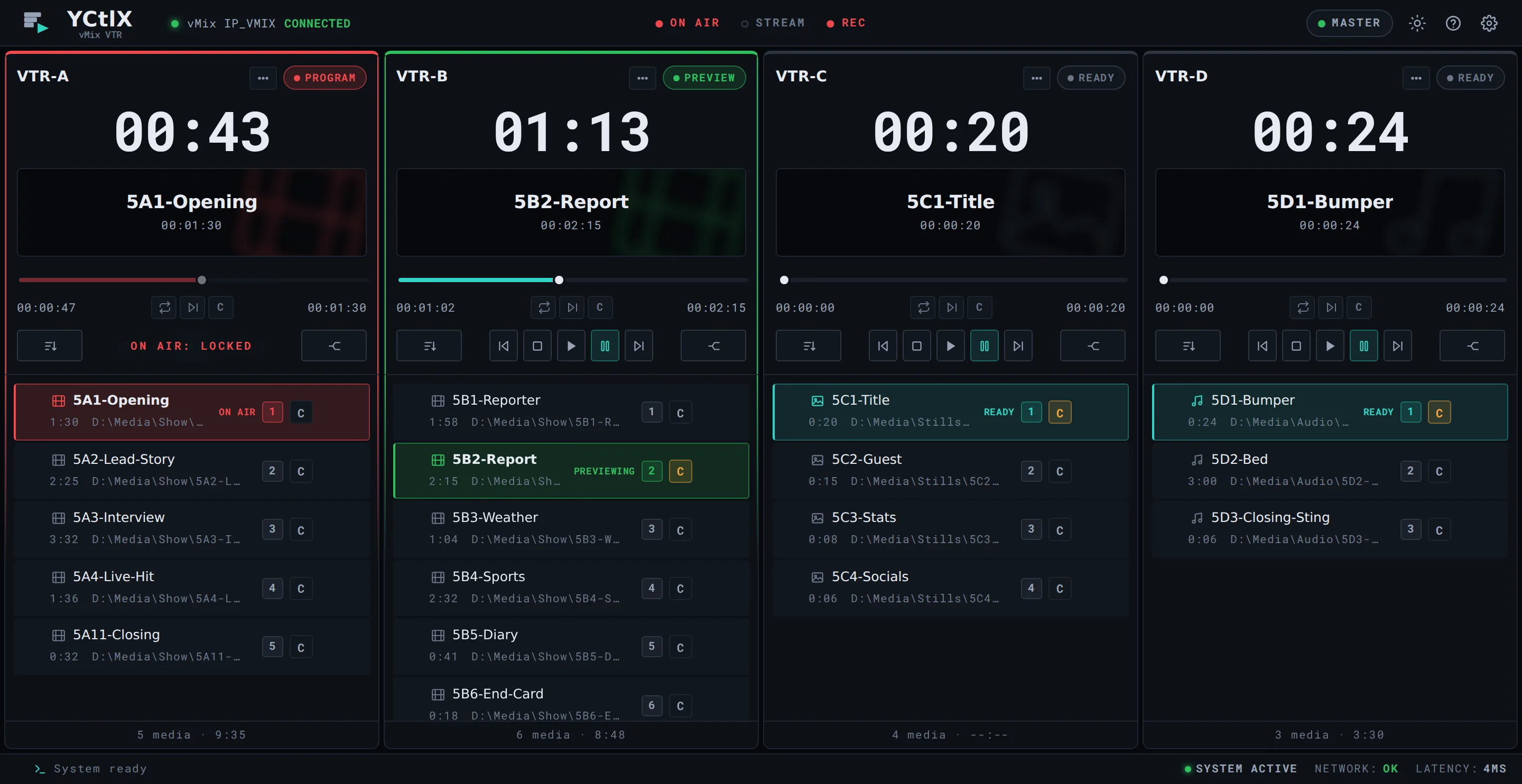 The YCtlX application with four players: the first on air, the second in preview and the other two ready